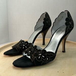 Anne Klein Akleta Open Toe Black Nubuck Suede Heels Size9